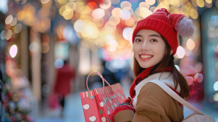 Happy Asian woman with shopping bags enjoying shopping. Young attractive cheerful woman with paper bags and present box after Christmas shopping in mall. Winter sale.の素材