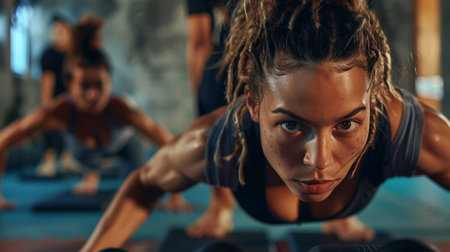 Fit young people doing pushups in a gym looking focusedの素材