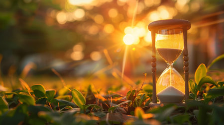 Hourglass counts the length of time against the background of the evening sunの素材
