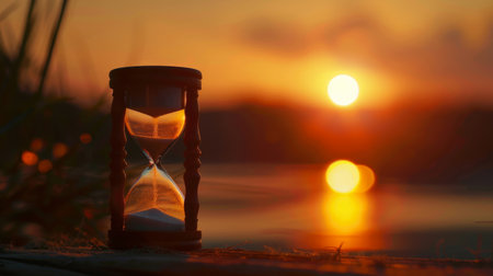 Hourglass counts the length of time against the background of the evening sunの素材