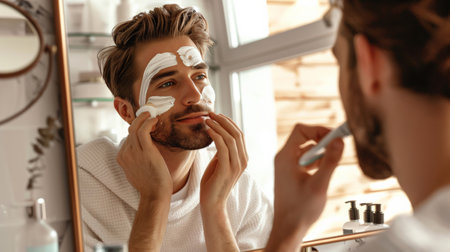 Handsome man applying facial cream in front of mirrorの素材