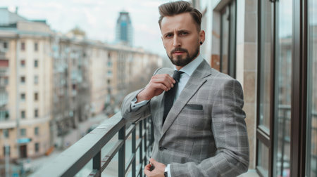 Man in expensive custom tailored suit standing and posing outdoors on balcony while fixing his cufflinksの素材