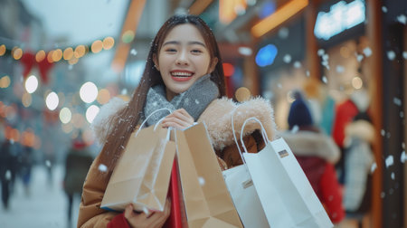 Happy Asian woman with shopping bags enjoying shopping. Young attractive cheerful woman with paper bags and present box after Christmas shopping in mall. Winter sale.の素材