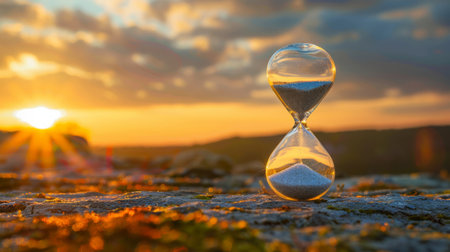 Hourglass counts the length of time against the background of the evening sunの素材