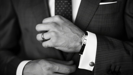 Man in suit fixing his cufflinksの素材