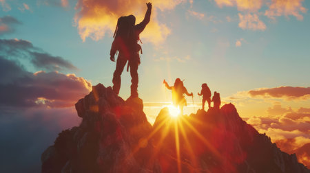 Male hiker celebrating success on top of a mountain in a majestic sunrise and Climbing group friends helping hike up .Teamwork , Helps ,Success, winner and Leadershipの素材
