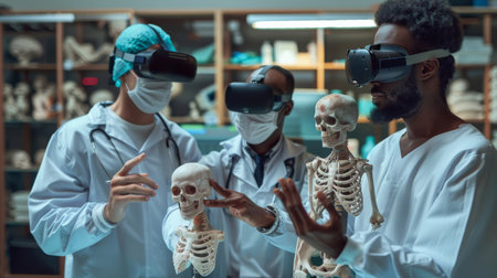 Multiracial men in medical gowns exploring 3d scull models in VR glasses and having the discussion.の素材