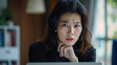 Puzzled confused Asian woman thinking hard concerned about online problem solution looking at a laptop screen, worried serious asian businesswoman focused on solving difficult work computer taskの素材