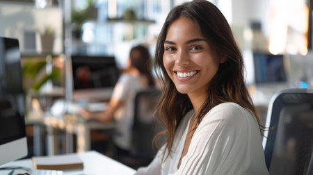Portrait of Enthusiastic Hispanic Young Woman Working on Computer in a Modern Bright Office. Confident Human Resources Agent Smiling Happily While Collaborating Online with Colleagues.の素材