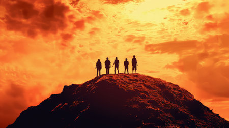 Teamwork and success concept, Silhouette of business people on the top of the hillの素材