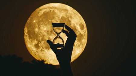Silhouette hourglass on hand against full moonの素材