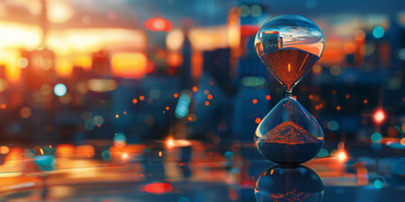 Time is going by in an hourglass with blur city at twilight timeの素材