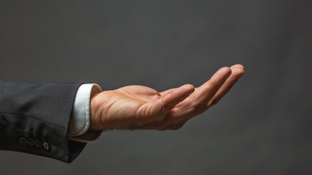 Male hand in a suit shows a palm up gesture on a gray background. Concept of request, bankruptcy, close-upの素材