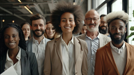 Portrait of successful group of business people at modern office looking at camera. Portrait of happy businessmen and satisfied businesswomen standing as a team. Multiethnic group of people smiling.の素材