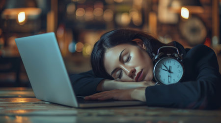 Tired businesswoman sleeping on a laptop with a clock in the backgroundの素材
