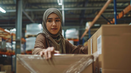 Portrait of Islam Muslim female Asian warehouse worker packing and labeling on a cardboard box in a warehouse environment. Using in-business warehouse logistic concept.の素材