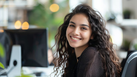 Portrait of Enthusiastic Hispanic Young Woman Working on Computer in a Modern Bright Office. Confident Human Resources Agent Smiling Happily While Collaborating Online with Colleagues.の素材