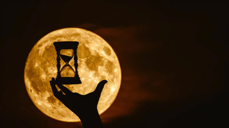 Silhouette hourglass on hand against full moonの素材