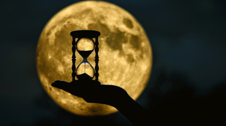 Silhouette hourglass on hand against full moonの素材