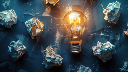 New idea concept with crumpled office paper and light bulbの素材