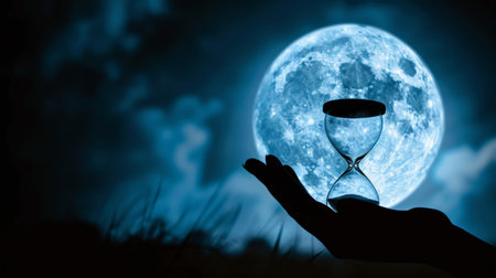 Silhouette hourglass on hand against full moonの素材