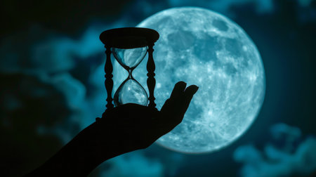 Silhouette hourglass on hand against full moonの素材