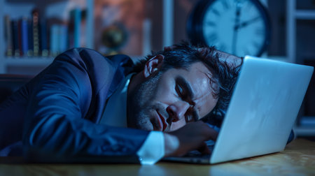 Tired businessman sleeping on a laptop with a clock in the backgroundの素材