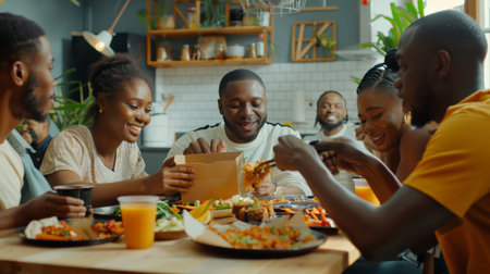 Group of black friends eating takeout food at home. They are chatting and having a relaxing lunchtime togetherの素材
