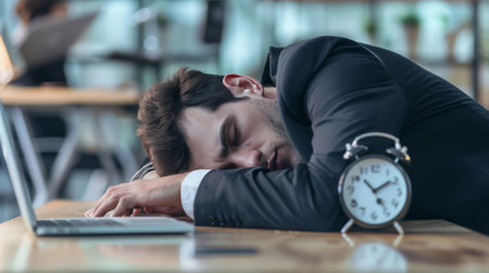 Tired businessman sleeping on a laptop with a clock in the backgroundの素材