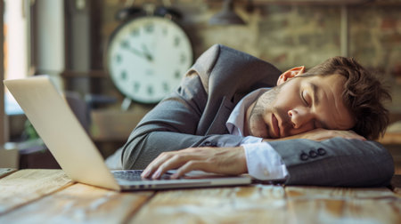 Tired businessman sleeping on a laptop with a clock in the backgroundの素材