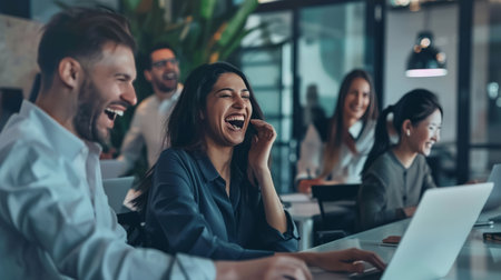 Happy businesspeople laughing while collaborating on a new project in an office. Group of diverse businesspeople using a laptop while working together in a modern workspace.の素材