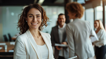 Cheerful young businesswoman smiling at the camera while holding a digital tablet. Happy young businesswoman standing in a boardroom with her colleagues in the background.の素材