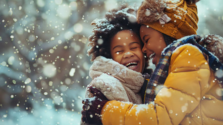 African mother and daughter having fun together during winter time outdoorの素材