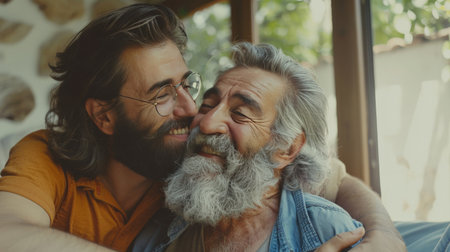 Adult hipster son fun hugging old senior father at home, two generations have a beard talking together and relaxing with smile, 2 man happy enjoy to living at home in father's day with love of familyの素材
