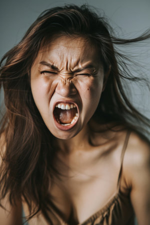 Portrait of angry pensive mad crazy stress asian woman screaming out (expression, facial), cry girl, beauty portrait of young panic burnout dramaの素材