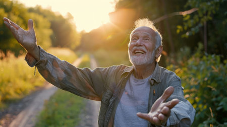 Elderly man happy with freedom lifeの素材