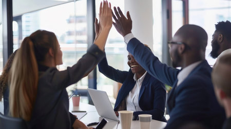 Businesswoman giving a high five to male colleague in meeting. Business professionals high-five during a meeting in the boardroom.の素材