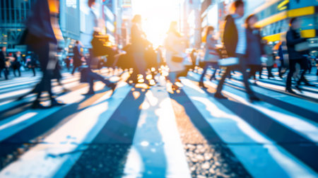 Blurred Crowd of unrecognizable business people walking on Zebra crossing in rush hour working day, blur business and people, lifestyle and leisure conceptの素材