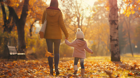 Happy family on autumn walk! Mother and daughter walking in the Park and enjoying the beautiful autumn nature.の素材