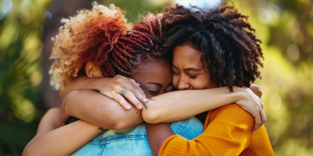 Rearview of diverse people hugging each otherの素材
