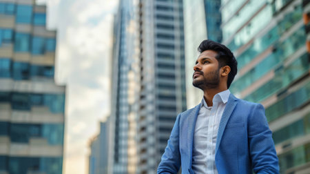Confident rich eastern Indian business man executive standing in modern big city looking and dreaming of future business success, thinking of new goals, business vision and leadership concept.の素材