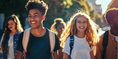 Portrait Of Smiling Young Friends Walking Outdoors Togetherの素材