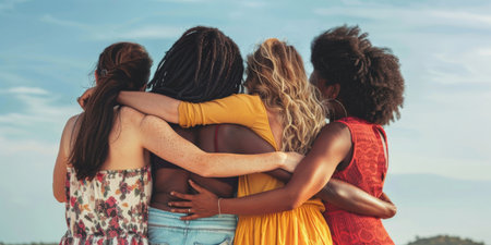Rearview of diverse people hugging each otherの素材
