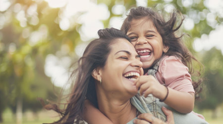 Happy Indian mother having fun with her daughter outdoors - Family and love conceptの素材