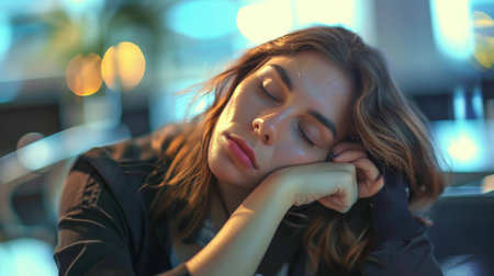 Tired business woman sleepy and bored from sitting at a desk for a long time and has office syndromeの素材