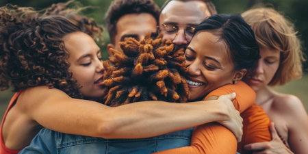 Rearview of diverse people hugging each otherの素材