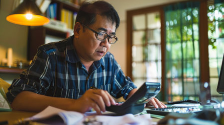 Asian man is using a calculator to calculate his family's monthly miscellaneous expenses at his home.の素材