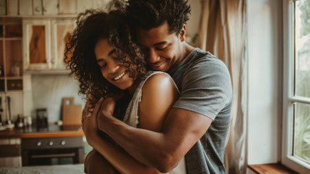 Man and woman couple hugging each other standing at new homeの素材