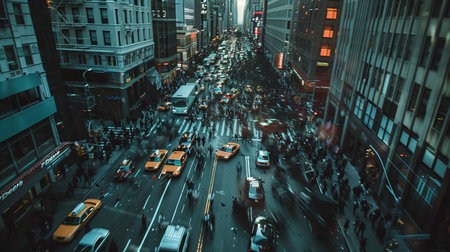 A Dutch angle shot of a bustling city street, emphasizing the disorientation and chaos of a chase scene. (off-kilter, dynamic)の素材