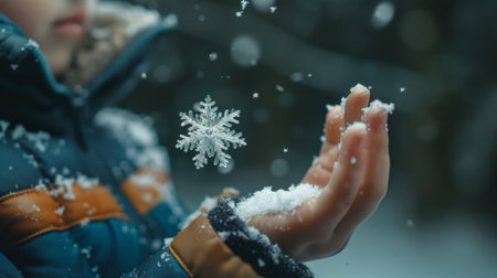 A child gazing in wonder at a single, perfect snowflake melting on their hand. Convey the preciousness and wonder of water in all its forms.の素材